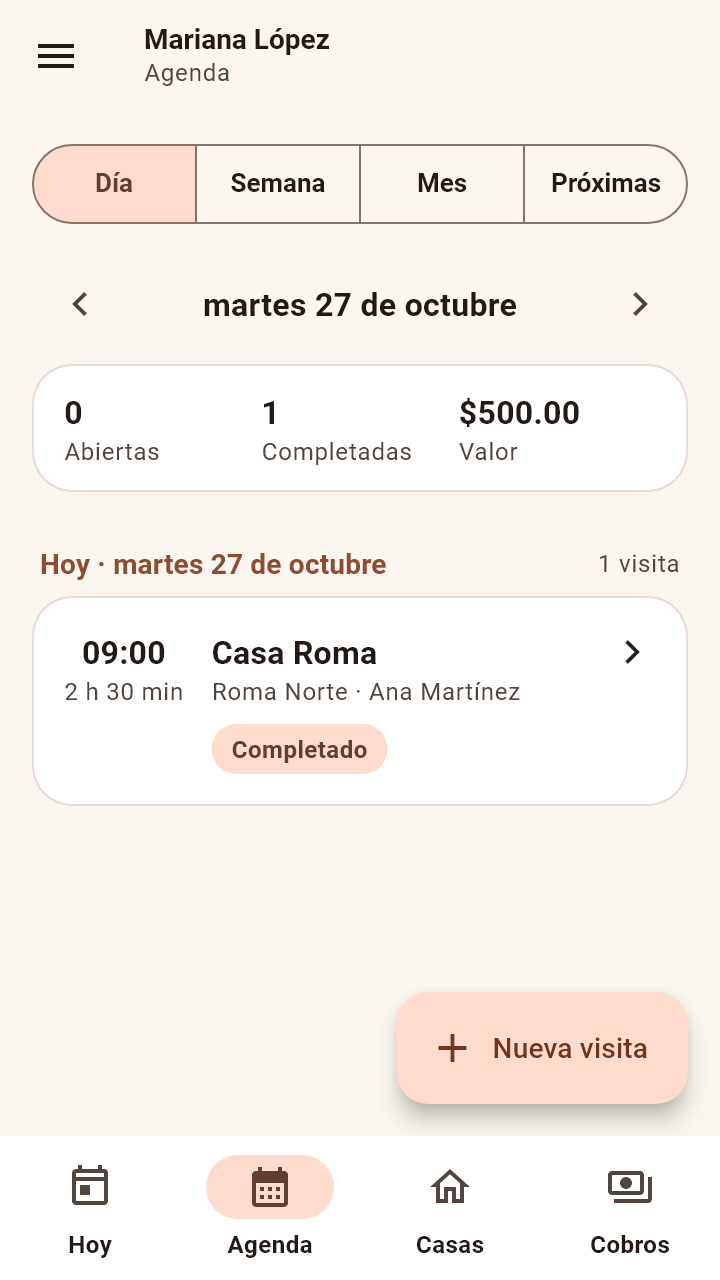 Pantalla Agenda con vista diaria, resumen de visitas y la visita completada del día