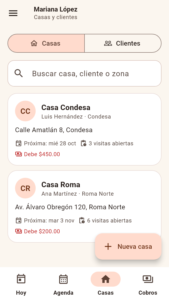 Pantalla Casas con búsqueda por casa, cliente o zona y el saldo de cada casa