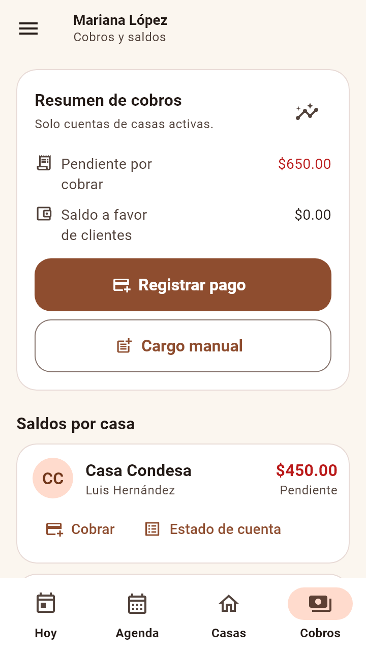 Pantalla Cobros con el resumen de lo pendiente por cobrar y los saldos por casa